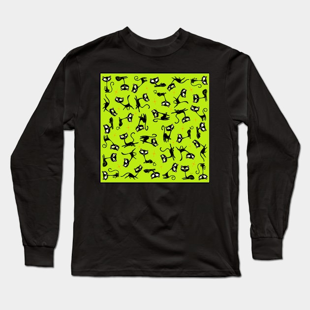 Retro Sassy Tiki Cats with Sparkles (lime version) Long Sleeve T-Shirt by ErinKantBarnard